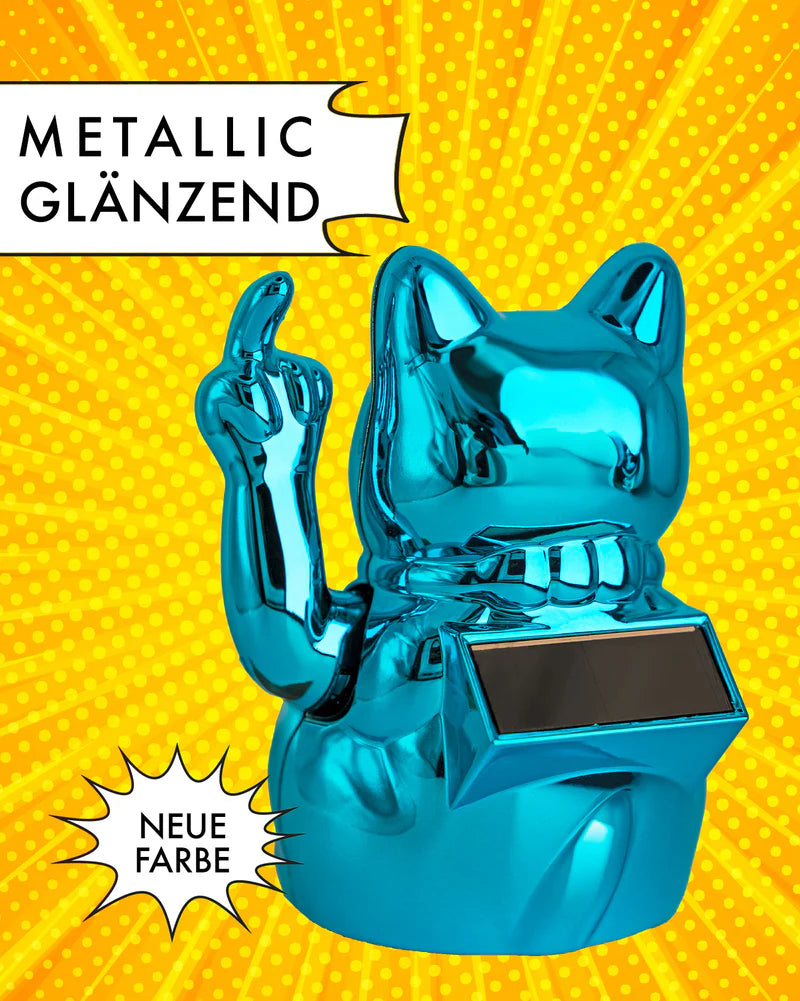 SOLAR CAT - METALLIC BLAU - Winkekatze mit Stinkefinger