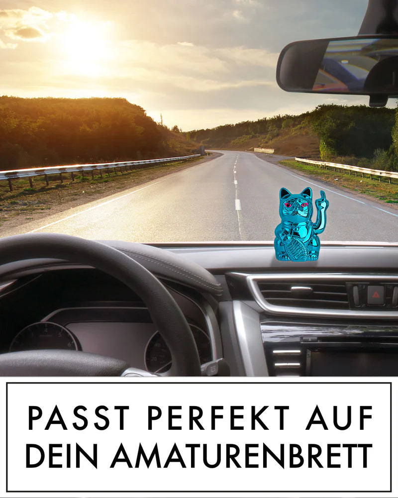SOLAR CAT - METALLIC BLAU - Winkekatze mit Stinkefinger