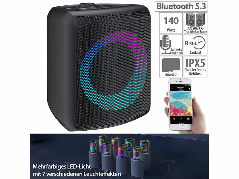 auvisio Mobile Outdoor-PA-Partyanlage & -Bluetooth-Boombox, Lichteffekte, 140W Elektroniktrade Switzerland