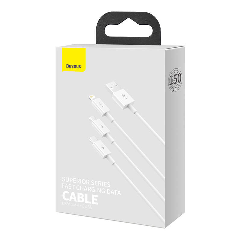 BASEUS Schnellladekabel USB auf M+L+C Baseus Superior Data 3,5 A 0,5 m (weiß) Elektroniktrade Switzerland