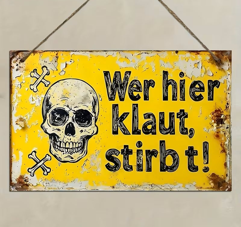 2D Flaches Vintage Holzschild „Wer hier klaut, stirbt“ – Rustikale Wandplakette mit Totenkopf & Kreuz
