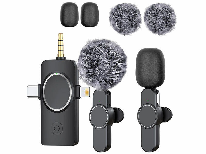 Callstel 2er-Set Ansteck-Funk-Mikrofone, Akku, für USB-C, 8-PIN, 3,5-mm-Klinke Elektroniktrade Switzerland