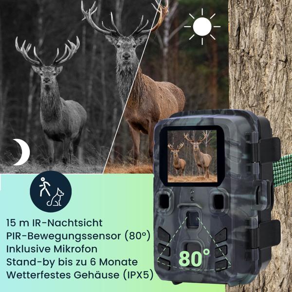 Casativo Tech Kompakte Wildkamera, Full HD, PIR Bewegungssensor, Nachtsicht mit IR LEDs, IPX5, 180g leicht, Farbdisplay, für eine diskrete Tierbeobachtung elektroniktrade Switzerland