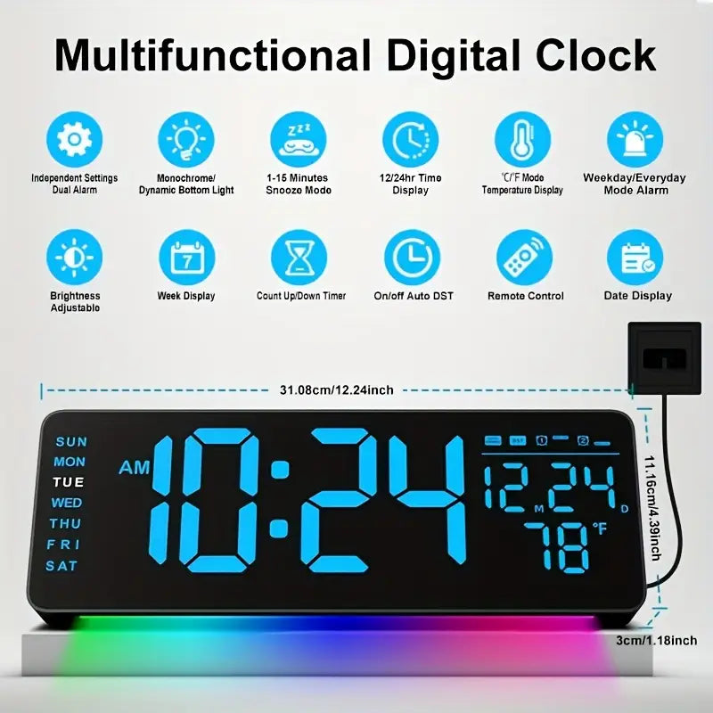 Große 12.5" Multifunktion Farb Digital Wanduhr mit Wecker