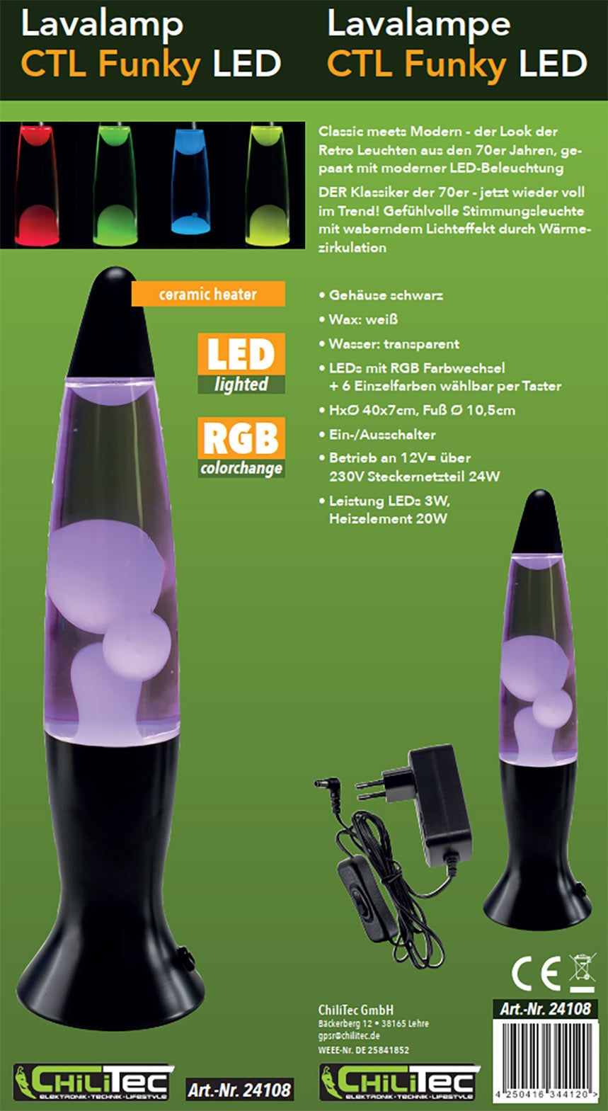 Chilitec Lavalampe "CTL Funky LED" 40cm RGB Wasser & Wachs: Klar, Body: schwarz elektroniktrade Switzerland