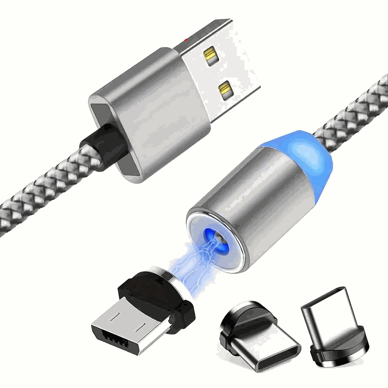 Elektroniktrade Magnetisches Schnellladekabel mit 2x USB-C & 1x MicroUSB 1m / 2m Silber Elektroniktrade Switzerland