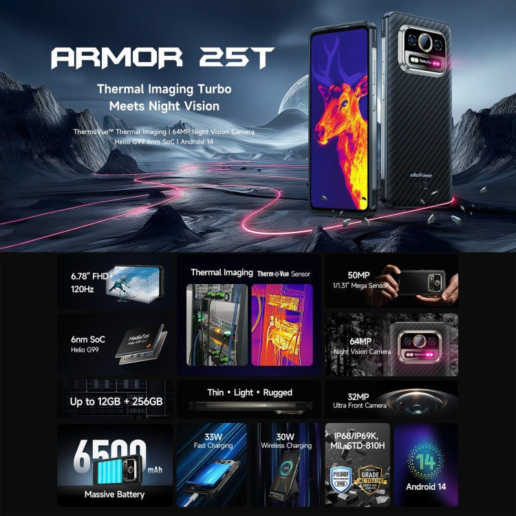 Elektroniktrade Robustes Ulefone Armor 25T-Telefon, 6 GB + 256 GB, Wärmebildgebung, 6,78 Zoll Android 14 MediaTek Helio G99 Octa Core, Netzwerk: 4G, NFC, OTG, Armor 25T elektroniktrade Switzerland