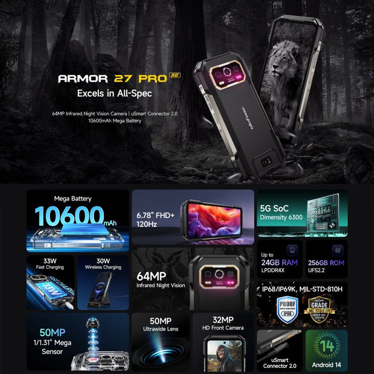 Elektroniktrade Robustes Ulefone Armor 27 Pro-Telefon, 12 GB + 256 GB, Nachtsicht, 10600 mAh, 6,78 Zoll Android 14 MediaTek Dimensity 6300 Octa Core, Netzwerk: 5G, NFC, Armor 27 Pro Elektroniktrade Switzerland