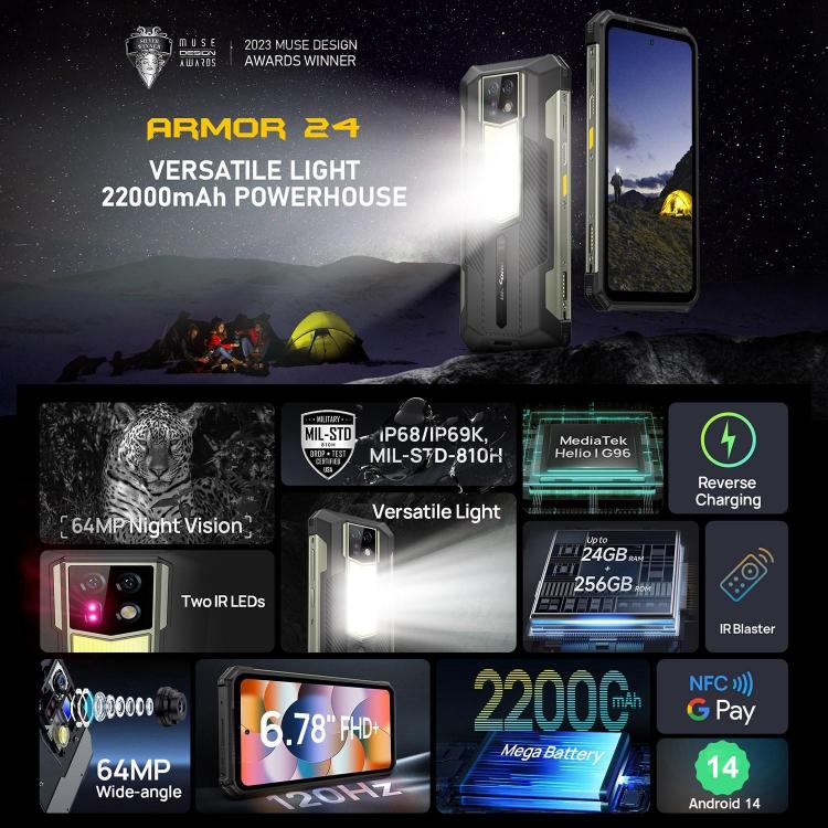 Elektroniktrade Ulefone Armor 24, robustes Telefon, seitlicher Fingerabdruck, 22000 mAh, 6,78 Zoll Android 13 MediaTek Helio G96 Octa Core, Netzwerk: 4G, NFC, Armor 24 Elektroniktrade Switzerland