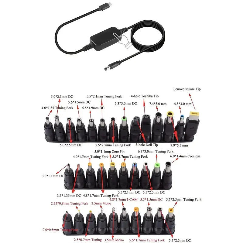 Elektroniktrade USB-C zu DC 5521 PD Kabel mit 34 Adaptern, 5-20V einstellbar für viele Geräte Elektroniktrade Switzerland