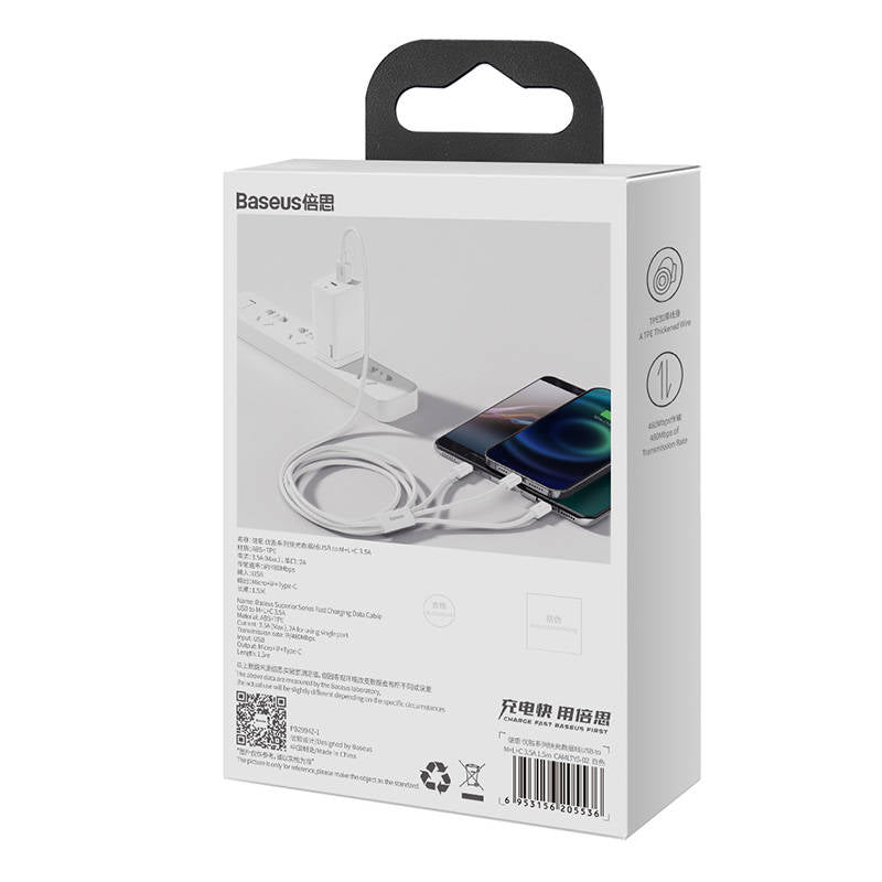 Schnellladekabel USB auf M+L+C Baseus Superior Data 3,5 A 0,5 m (weiß)