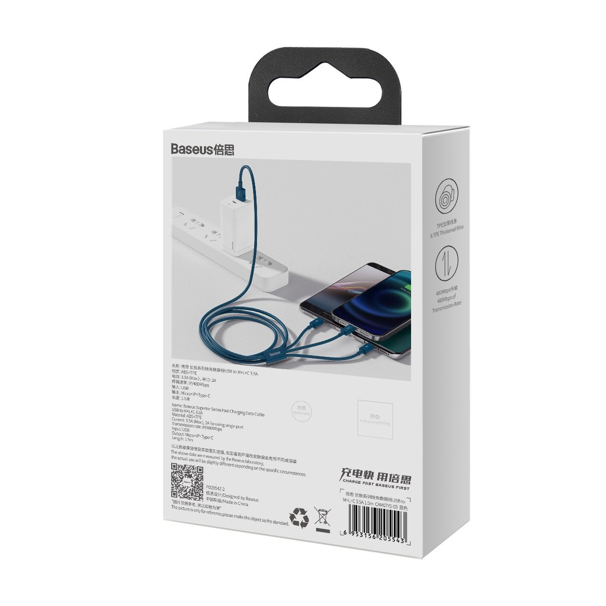 USB-Kabel 3in1 Baseus Superior Serie, USB auf Micro USB / USB-C / Lightning, 3.5A, 1.5m (blau)