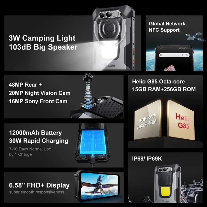 FOSSiBOT FOSSiBOT F106 Pro mit 12000mAh Akku 15GB+256GB NFC/Starkes Camping LED elektroniktrade Switzerland