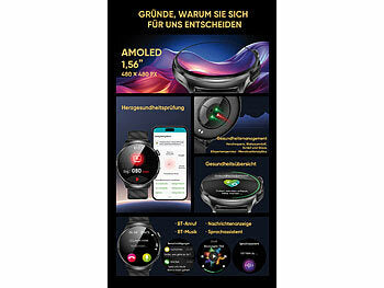 Vitaluhr mit Bluetooth, EKG-Anzeige, Telefonfunktion, App, AMOLED,IP67