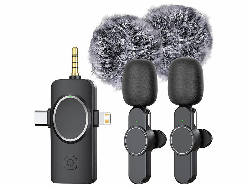 2er-Set Ansteck-Funk-Mikrofone, Akku, für USB-C, 8-PIN, 3,5-mm-Klinke