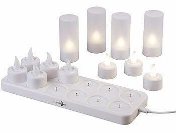 Lunartec 12er-Set Akku-LED-Teelichter mit Kunststoff-Dekogläsern & Ladestation Elektroniktrade Switzerland