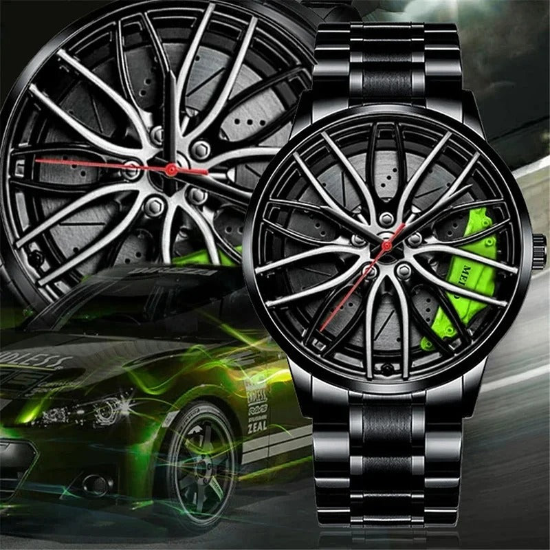 Quarz Sportuhr im 3D Auto Felgen Design - Grün -Schwarz
