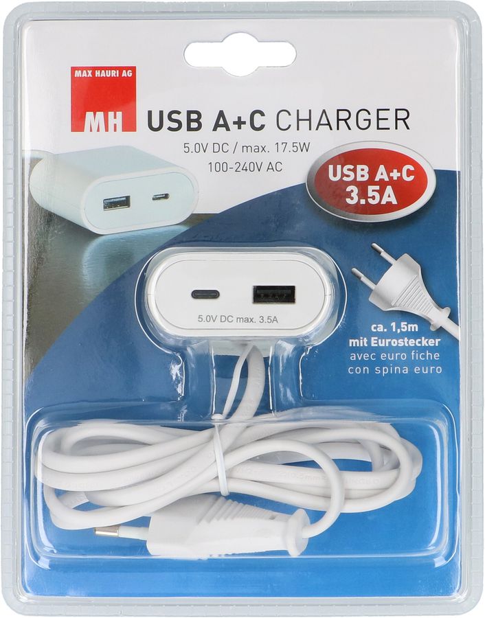 MAX HAURI DEVICE USB Ladeadapter 1x USB-C 1x USB-A 17.5W 1.5m weiss Elektroniktrade Switzerland
