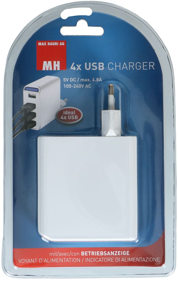 MAX HAURI DEVICE USB Ladeadapter 4x USB-A 24W LED Indikator weiss Elektroniktrade Switzerland