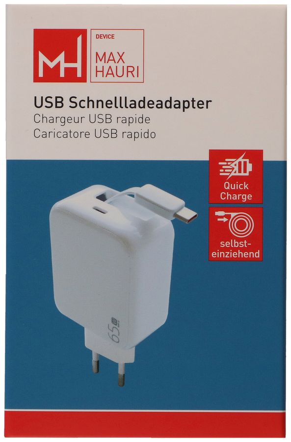 MAX HAURI DEVICE USB Schnellladeadapter GaN 1x USB-C Kabel 1x USB-C PD/QC 65W ws Elektroniktrade Switzerland