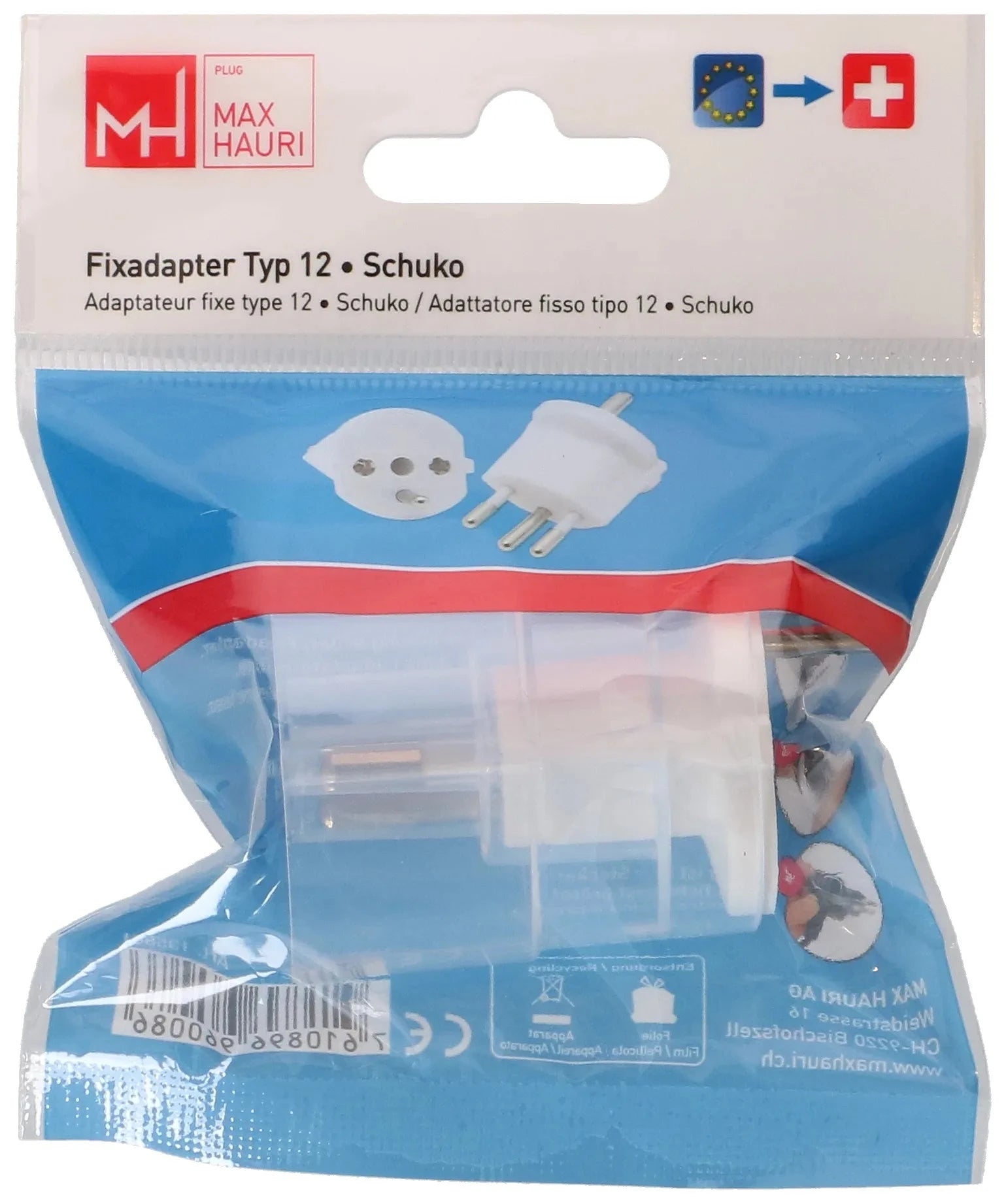 MAX HAURI PLUG Fixadapter Typ 12 / Schuko CEE 7/7 weiss Elektroniktrade Switzerland
