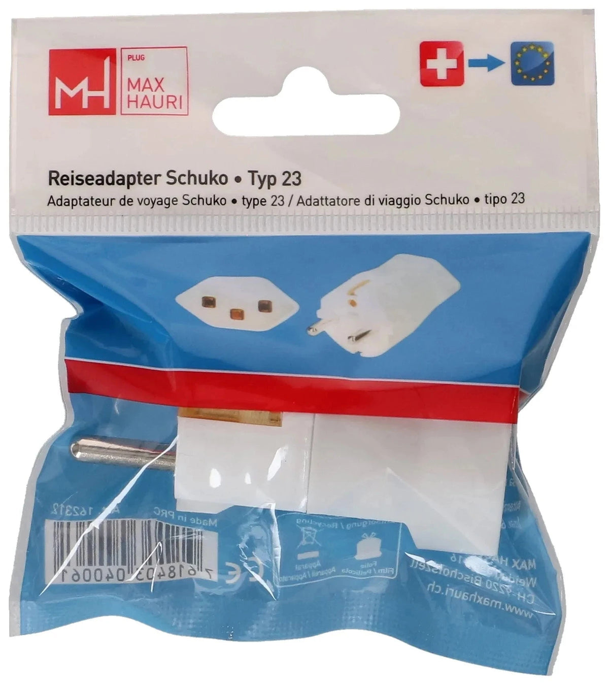 MAX HAURI PLUG Reiseadapter Schuko-Typ 23 3-polig schwarz / weiss elektroniktrade Switzerland
