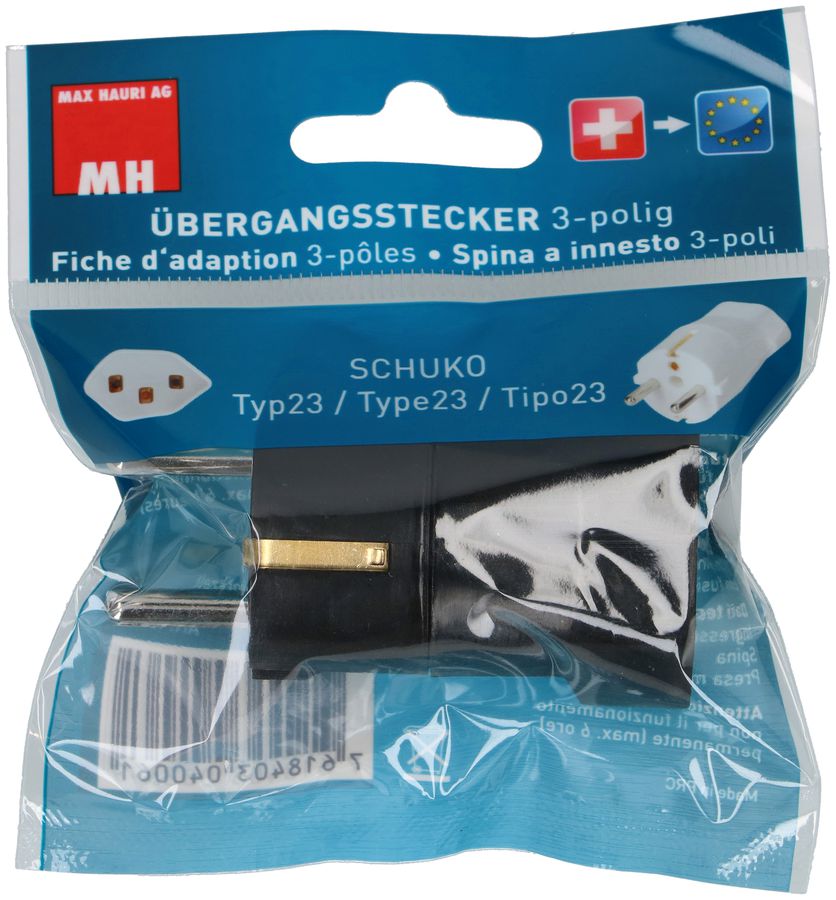 MAX HAURI PLUG Reiseadapter Schuko-Typ 23 3-polig schwarz / weiss elektroniktrade Switzerland