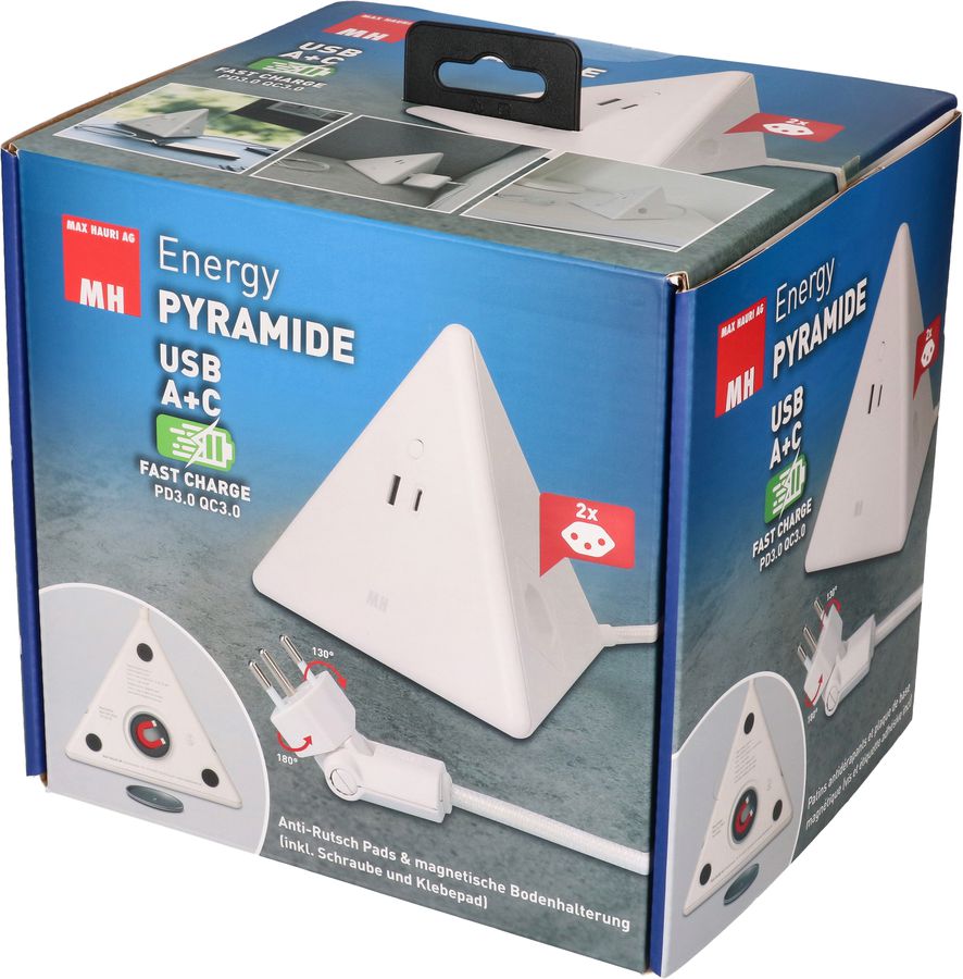 MAX HAURI SPLIT Energy Pyramide Steckdosenleiste 2x Typ 13 ws USB A+C 2.5m cli. Elektroniktrade Switzerland
