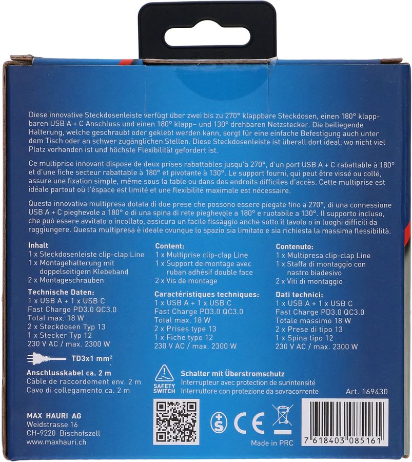 MAX HAURI SPLIT Steckdosenl. clip-clap Line 2x Typ 13 1x USB-Charger ws Scha. 2m Elektroniktrade Switzerland