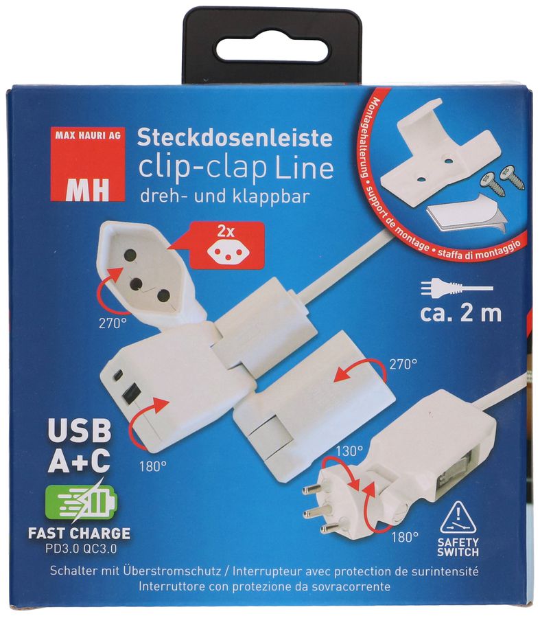 MAX HAURI SPLIT Steckdosenl. clip-clap Line 2x Typ 13 1x USB-Charger ws Scha. 2m Elektroniktrade Switzerland