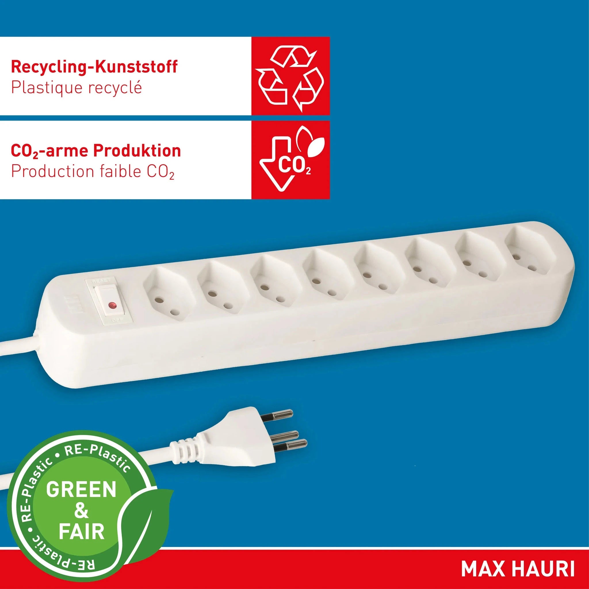 MAX HAURI SPLIT Steckdosenleiste Basic Line 8x Typ 13 ws Schalter 1.5m Green+Fair Elektroniktrade Switzerland