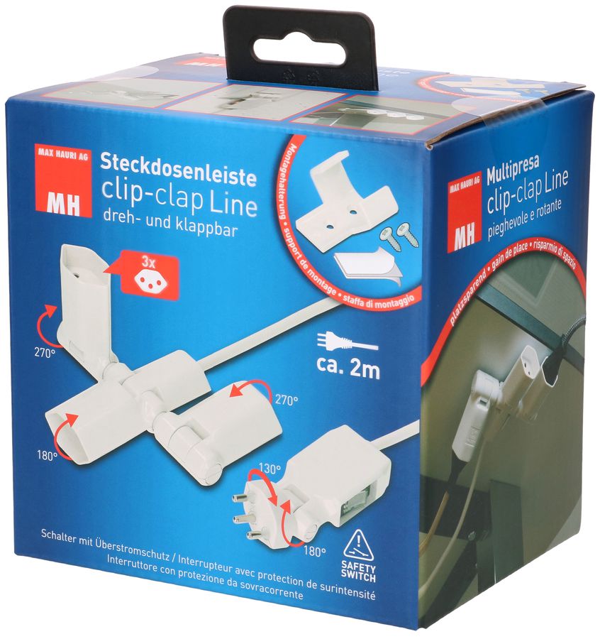 MAX HAURI SPLIT Steckdosenleiste clip-clap Line 3x Typ 13 weiss Schalter 2m Elektroniktrade Switzerland