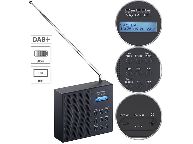 Digitales DAB+/FM-Radio mit Akku, Dual-Wecker, RDS, LCD-Display, Timer