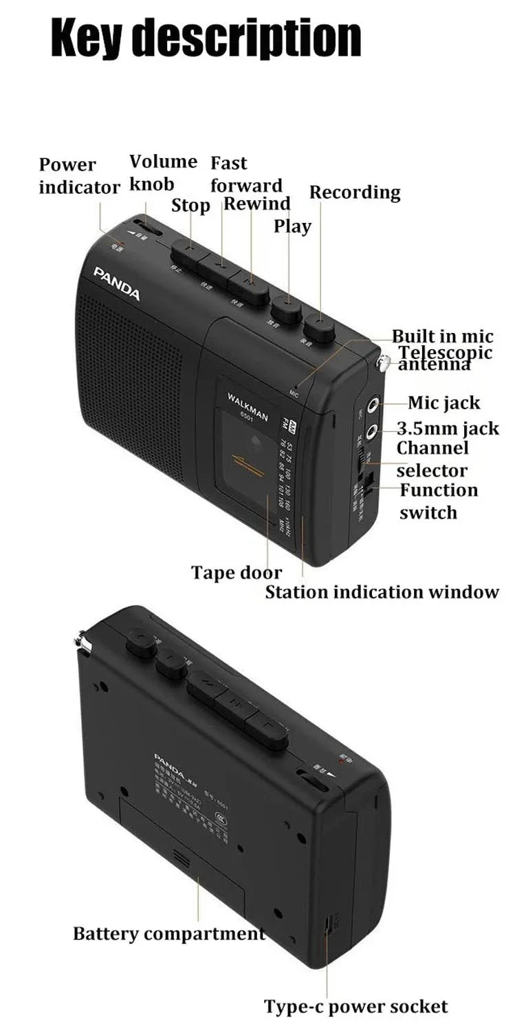Panda Tragbarer Walkman Kasetten Player 6501 mit Radio/Lautsprecher/Recorder/Mic Anschluss elektroniktrade Switzerland