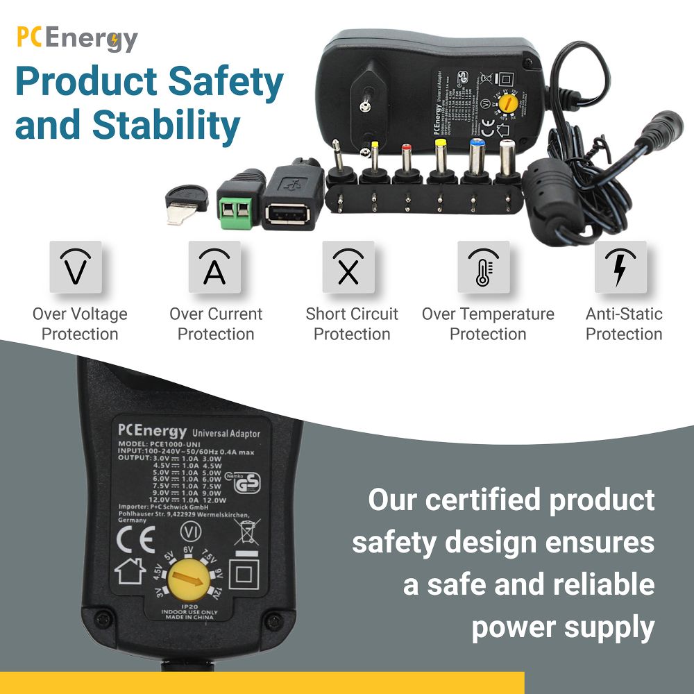 PCEnergy PCE1000-UNI Universal Netzteil; 3-12V; 1A; 12W Elektroniktrade Switzerland