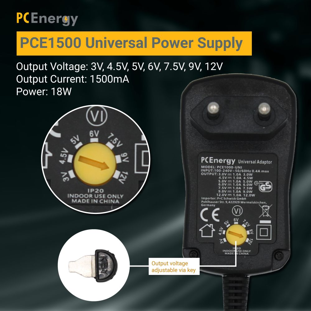PCEnergy PCE1500-UNI Universal Netzteil; 3-12V; 1,5A; 18W Elektroniktrade Switzerland
