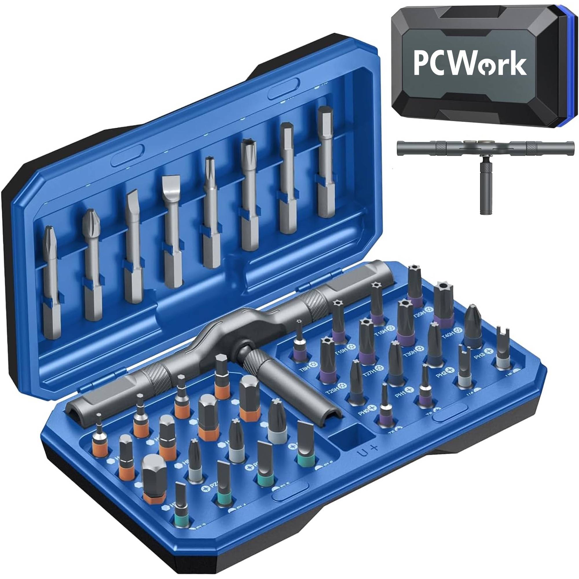 PCWork PCW08K Feinmechanik Ratschen Set im geöffneten blauen Etui mit allen 40 Bits, Mini-Ratsche und Zubehör.