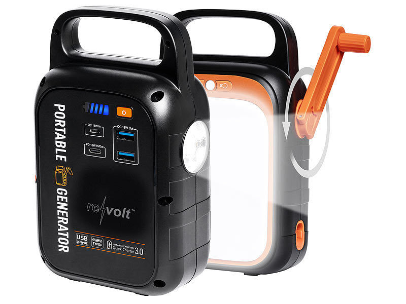 Revolt Kurbel-Dynamo-Powerstation mit 22,5 Ah, USB-C Power Delivery, 18 Watt Elektroniktrade Switzerland