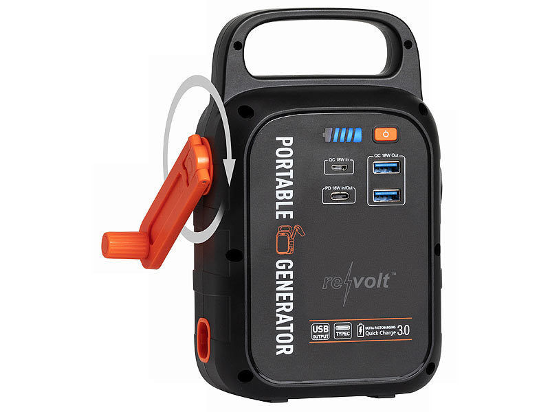 Revolt Kurbel-Dynamo-Powerstation mit 22,5 Ah, USB-C Power Delivery, 18 Watt Elektroniktrade Switzerland