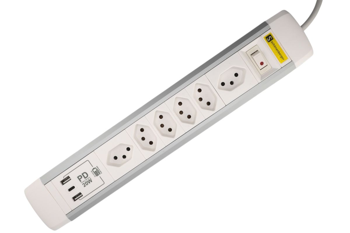 Schönenberger ALU Steckdosenleiste USB-C 6xT13, 1x USB-C + 2x USB-A max. 3.4A - PD 20W Elektroniktrade Switzerland