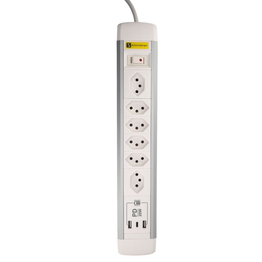 Schönenberger ALU Steckdosenleiste USB-C 6xT13, 1x USB-C + 2x USB-A max. 3.4A - PD 20W Elektroniktrade Switzerland