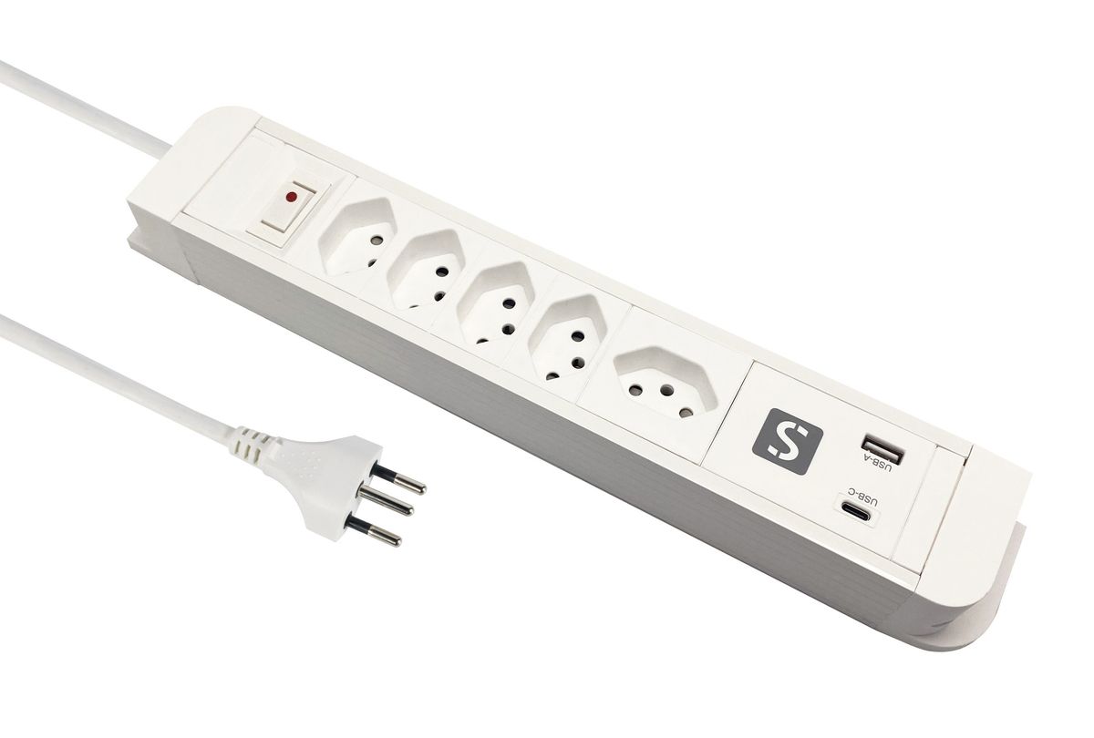 Schönenberger PRINCIPIO+ USB AC PD20W 1x USB-C, 1x USB-A, 5xT13, 1.5m Kabel Elektroniktrade Switzerland