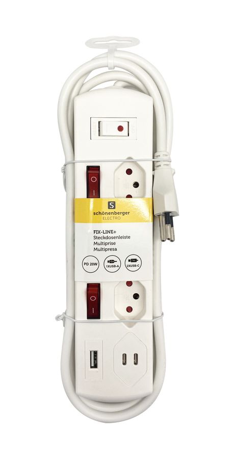 Schönenberger Steckdosenleiste Fix-Line+ MultiSwitch USB-C 3x T13, 2x USB-C + 1x USB-A PD 20W elektroniktrade Switzerland