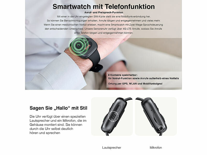 simvalley 4G-Notfall-Armband mit Freisprechen, GPS, Sturz-Sensor, App, IP67 elektroniktrade Switzerland