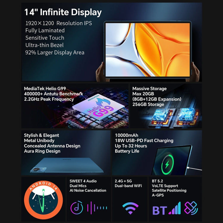 Teclast Teclast T70 4G LTE Tablet PC, 8GB+256GB, 14 Zoll Android 14, Dual Sim Elektroniktrade Switzerland