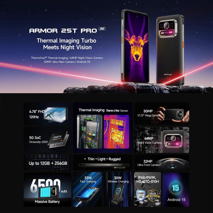 Ulefone Robustes Ulefone Armor 25T Pro-Telefon, Wärmebildgebung, 6,78 Zoll Android 14 MediaTek Dimensity 6300 Octa Core, Netzwerk: 5G, NFC, 8GB+256GB elektroniktrade Switzerland