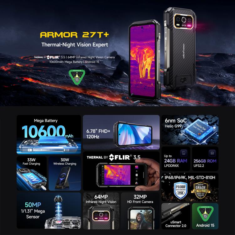 Ulefone Ulefone Armor 27T+, 12GB+256GB, Thermal imager, Night Vision, 10600mAh, 6.78" Android 15, 4G, NFC Elektroniktrade Switzerland