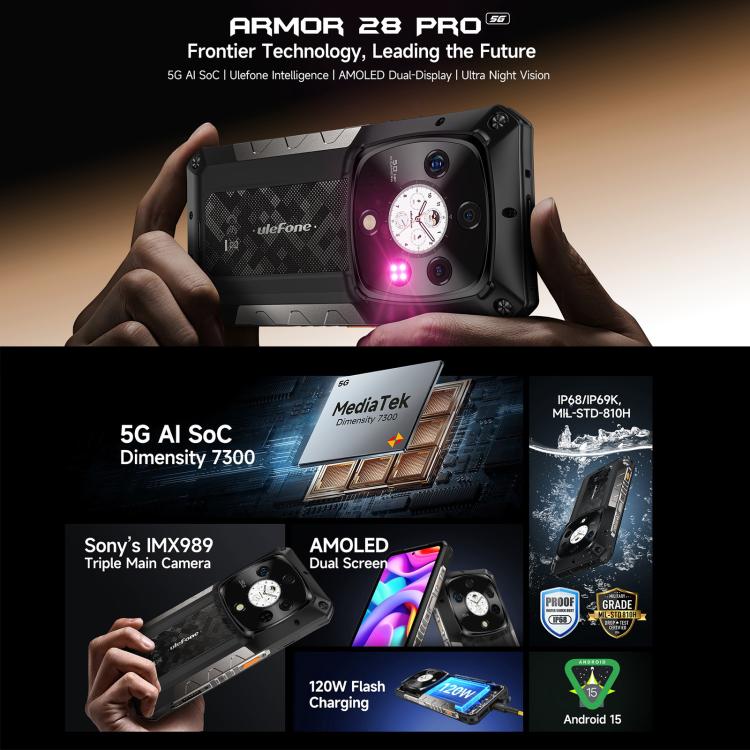 Ulefone Ulefone Armor 28 Pro – Robustes Smartphone, 16 GB + 512 GB, Nachtsichtfunktion, 10600 mAh Akku, 6,67 Zoll + 1,04 Zoll Display, Android 15, MediaTek Dimensity 7300 Octa-Core-Prozessor, 5G, NFC Elektroniktrade Switzerland