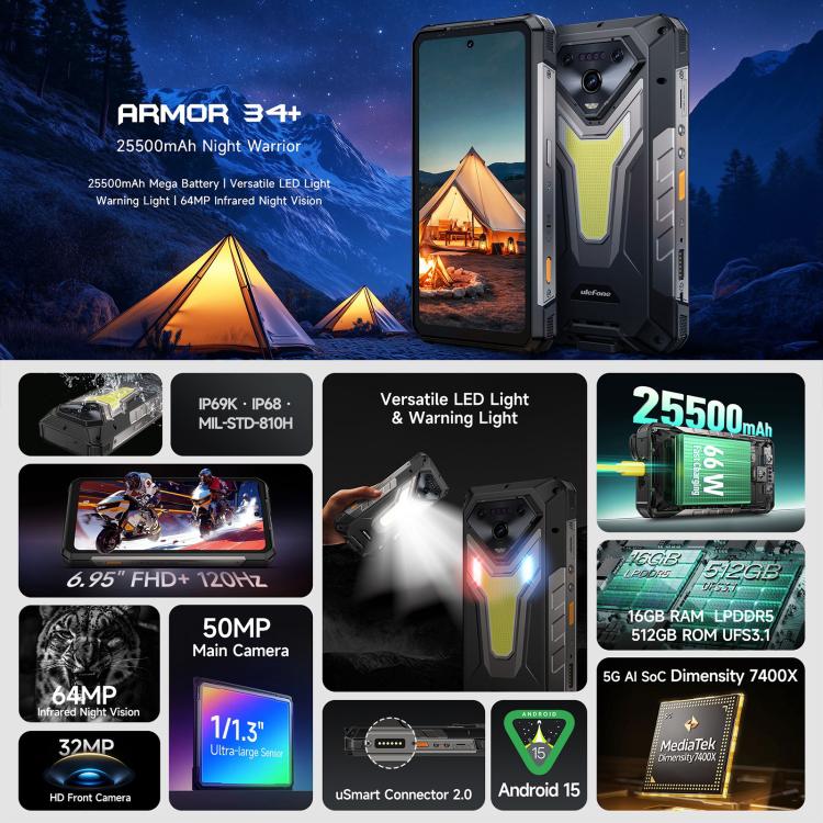 Ulefone Ulefone Armor 34+, 16 GB + 512 GB, Nachtsicht, robustes Smartphone (IP68/IP69K), 6,95 Zoll, Android 15, MediaTek Dimensity 7400X Octa-Core-Prozessor, Netzwerk: 5G, NFC, OTG, Armor 34+ Elektroniktrade Switzerland