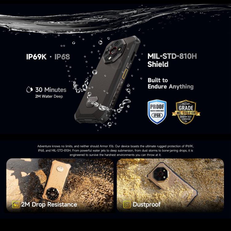 Ulefone Ulefone Armor X16, 6 GB + 128 GB, Nachtsicht, robustes Smartphone (IP68/IP69K), 6,56 Zoll, Android 15, MediaTek Helio G91 Octa-Core-Prozessor, Netzwerk: 4G, NFC, OTG, Armor X16, 6GB+128GB Elektroniktrade Switzerland